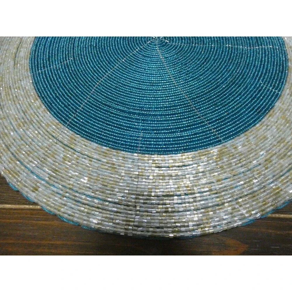 Handmade Heavily Beaded Charger Round Placemats Silver & Teal 13